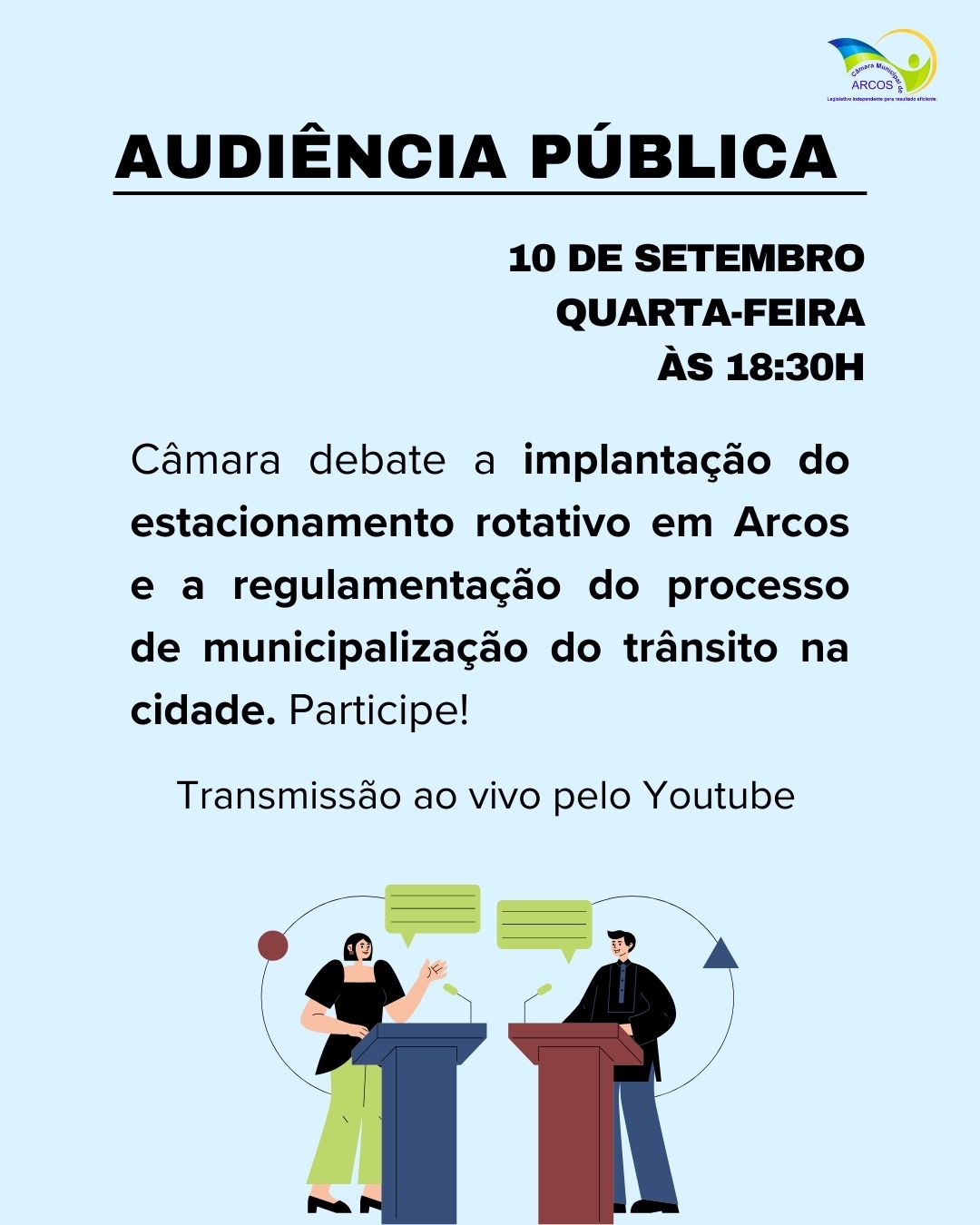 Câmara debate estacionamento rotativo e municipalização do trânsito em Arcos em audiência pública nesta quarta, 10 de setembro