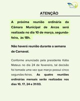 Comunicado: Não haverá reunião ordinária durante a semana de Carnaval.