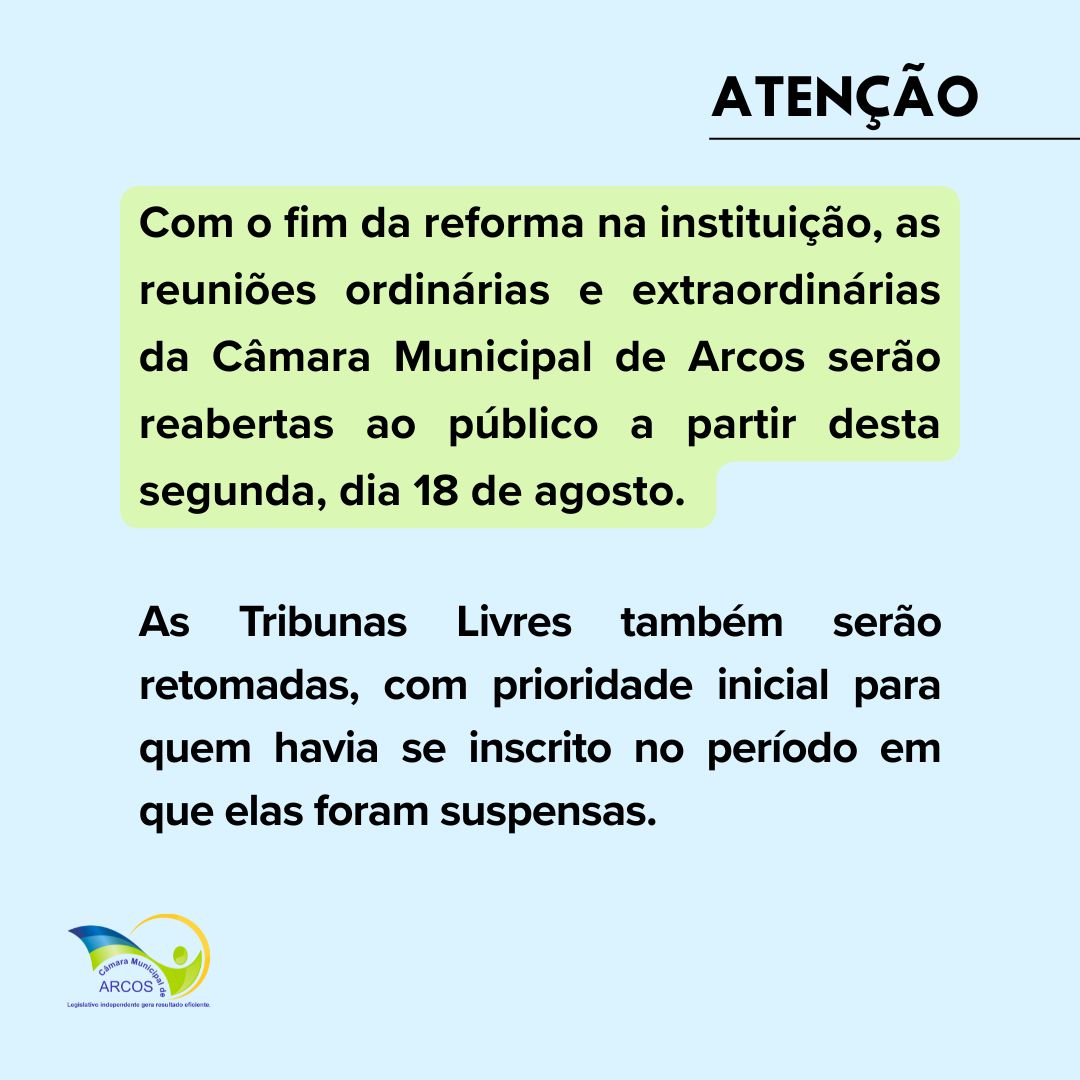 Reuniões da Câmara Municipal de Arcos serão reabertas ao público a partir desta segunda, dia 18 de agosto
